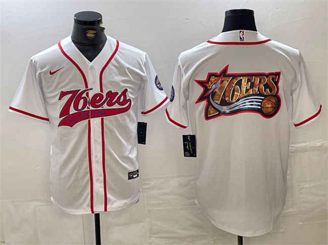 Men's Philadelphia 76ers Team Big Logo White Cool Base Stitched Baseball Jersey Men's Philadelphia 76ers Team Big Logo White Cool Base Stitched Baseball Jersey